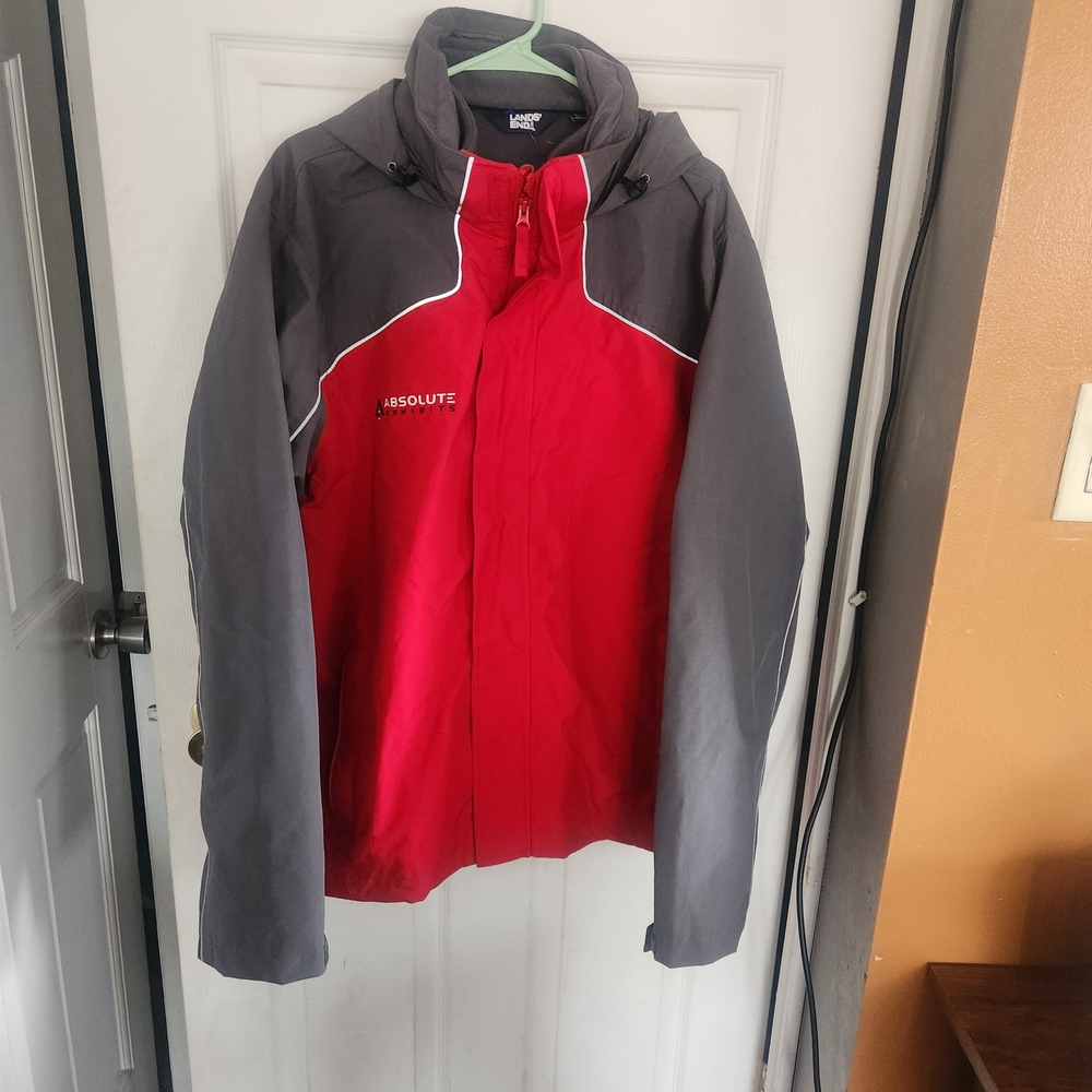 EUC Lands End Mens XL Ski Jacket Coat Parka Hooded Pocket Toggle Red/ Grey 3in1